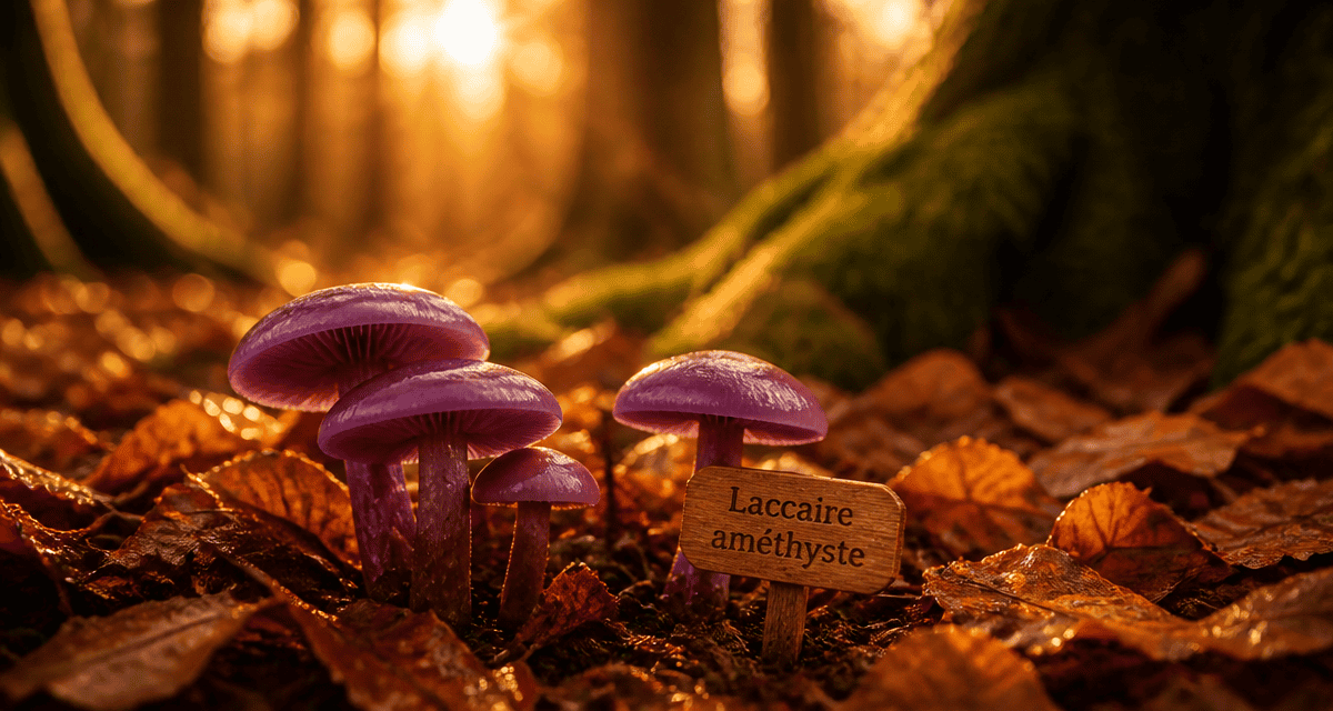 laccaires améthystes violets en forêt sur feuilles mortes
