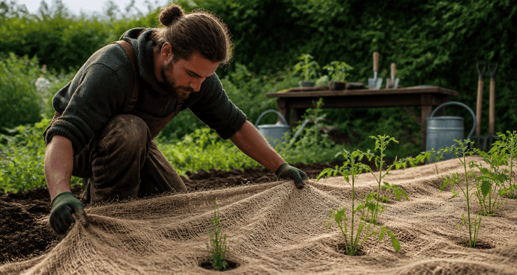 toile de paillage biodégradable posée au potager