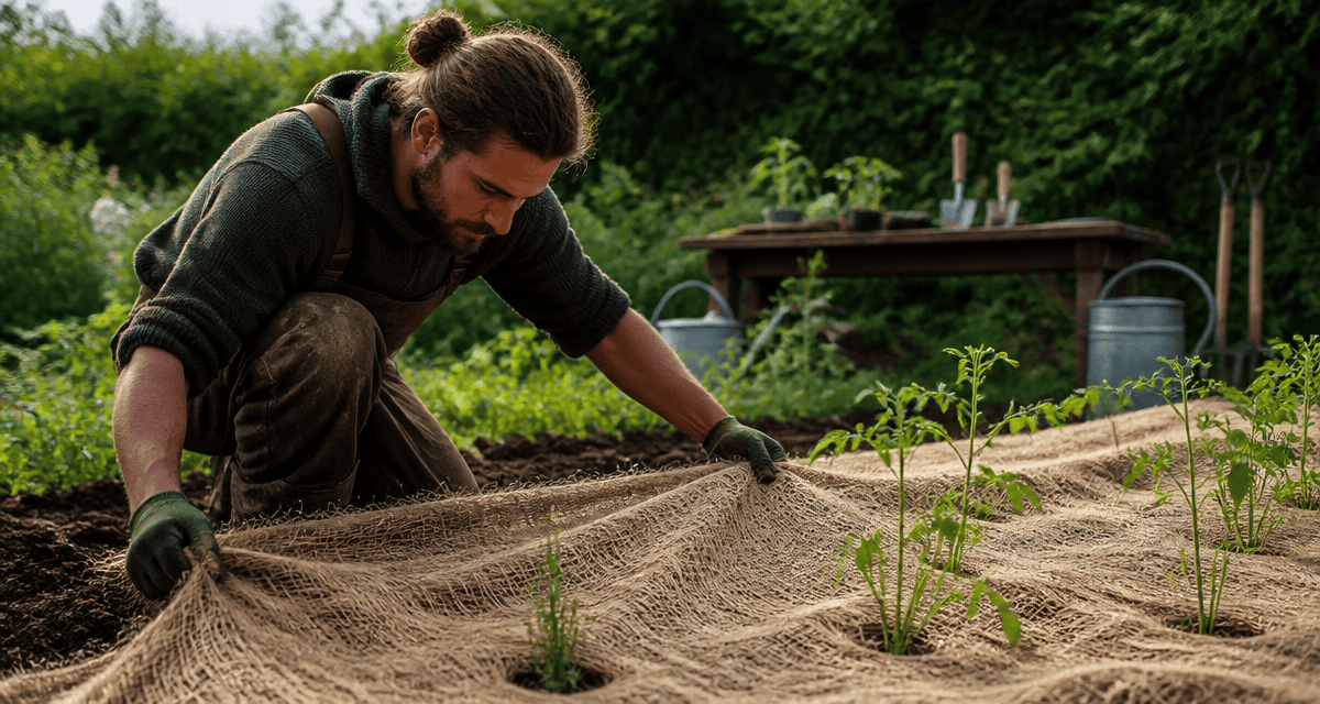 toile de paillage biodégradable posée au potager