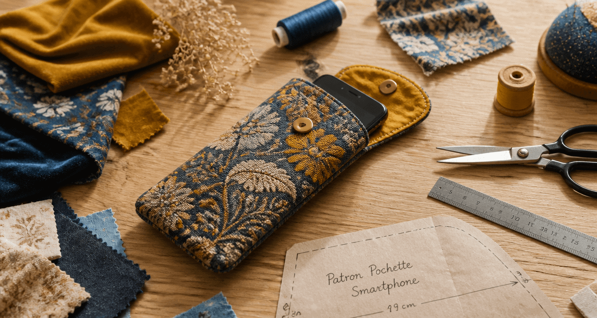 tuto pochette en tissu pour téléphone portable sur table de couture