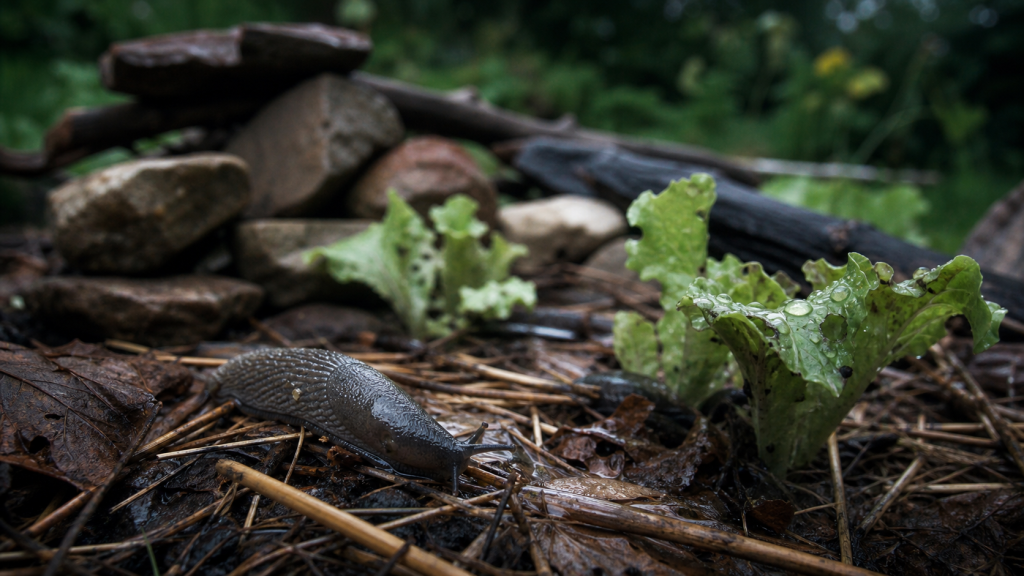 A quoi servent les limaces, limace sur paillage humide en potager humide après pluie
