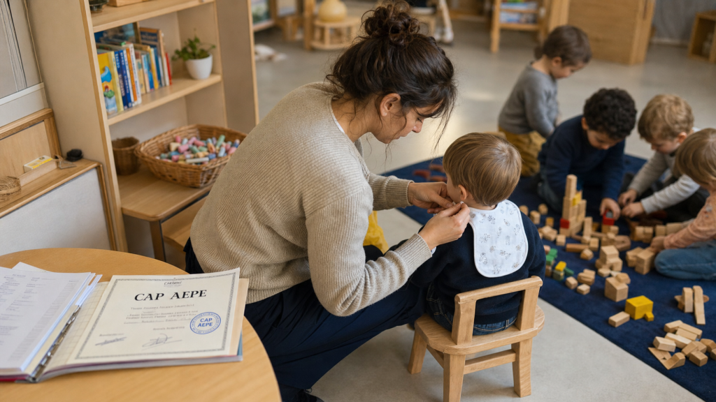 CAP AEPE : que veut dire aepe, éducatrice attache un bavoir, jeu en crèche