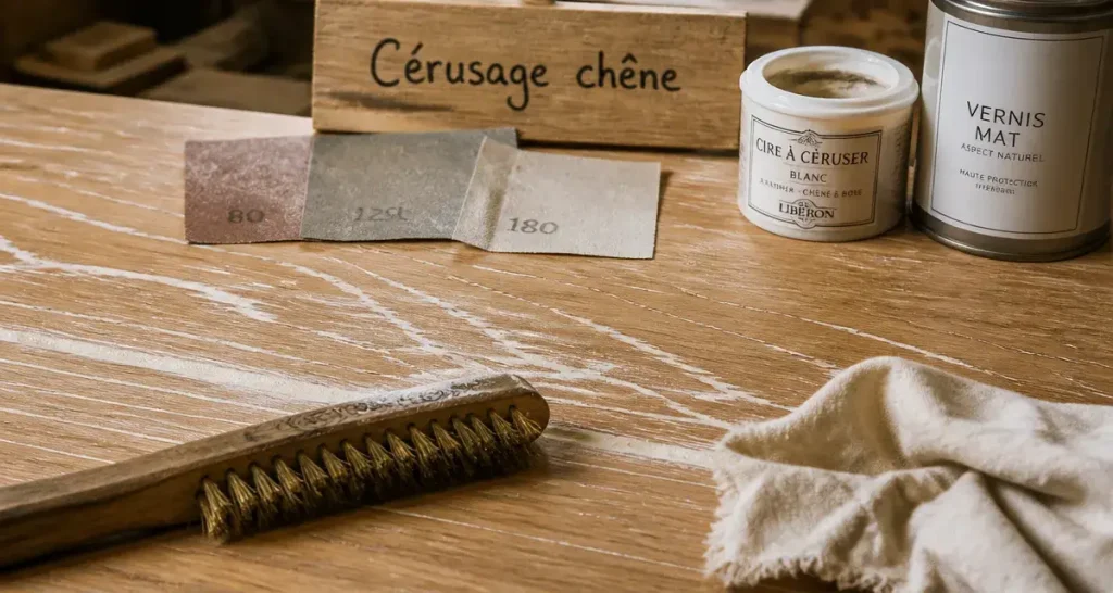 Ceruser un bois : table en chêne cérusé, veines blanches remplies