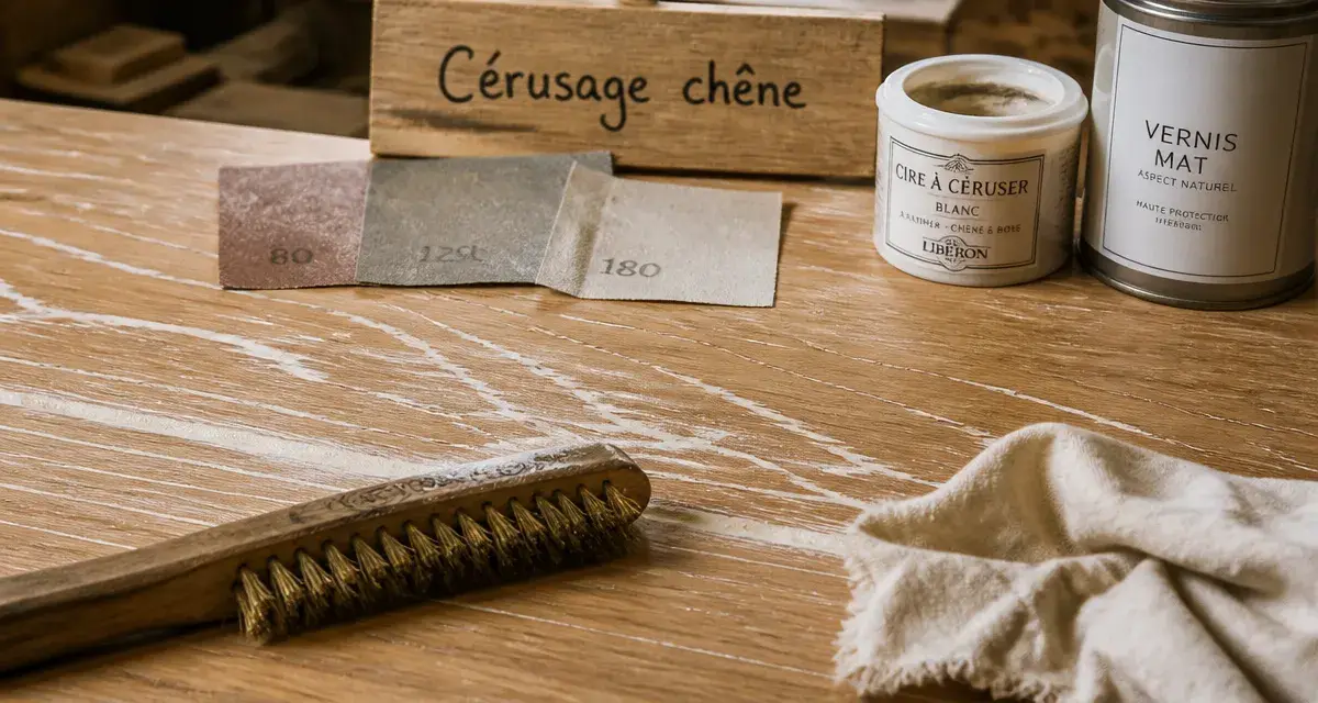 Ceruser un bois : table en chêne cérusé, veines blanches remplies