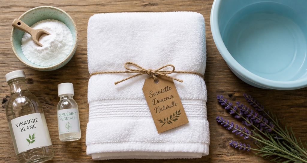 Comment avoir des serviettes de toilette moelleuse sans sèche-linge, ingrédients naturels autour d’une serviette