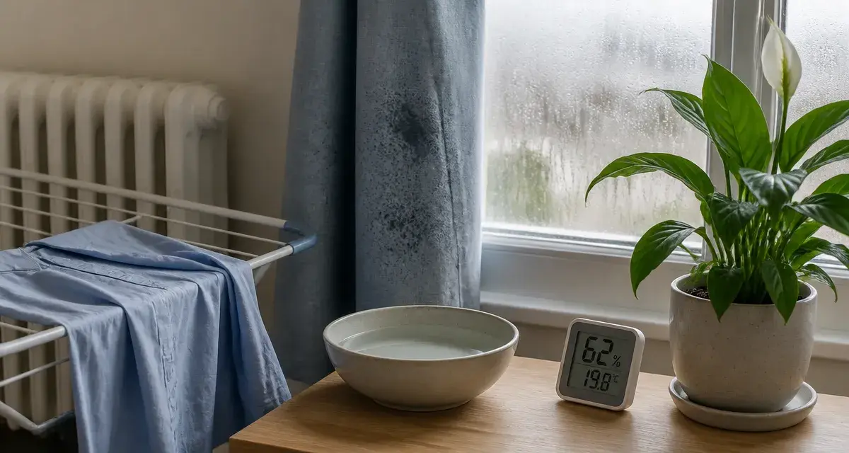 Comment humidifier une chambre : hygromètre et bol d’eau près du radiateur