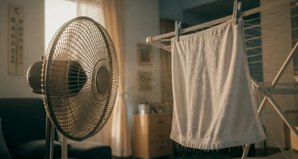 Comment rafraîchir une pièce avec un ventilateur : serviette humidifiée et air frais