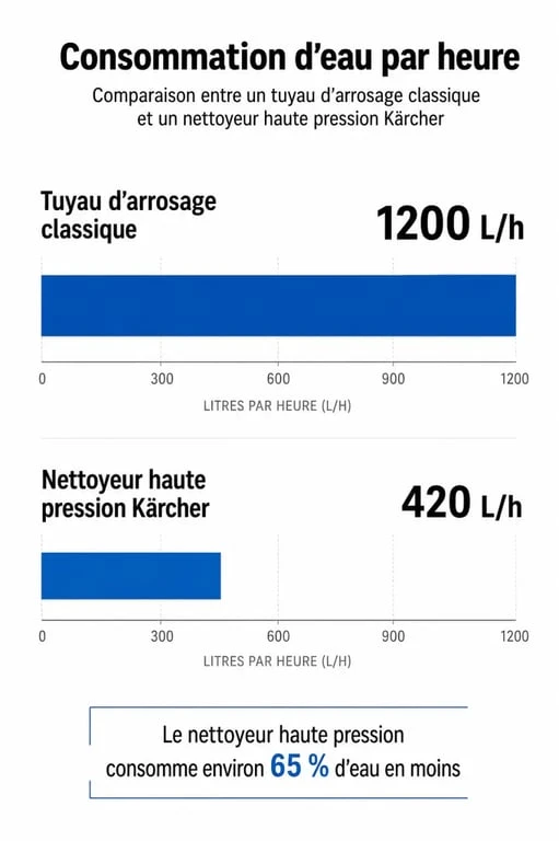 Infographie comparative de la consommation d'eau : nettoyeur haute pression Kärcher vs tuyau d'arrosage classique