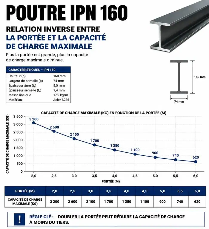 Graphique de la capacité de charge d'un IPN 160 en fonction de la portée en mètres