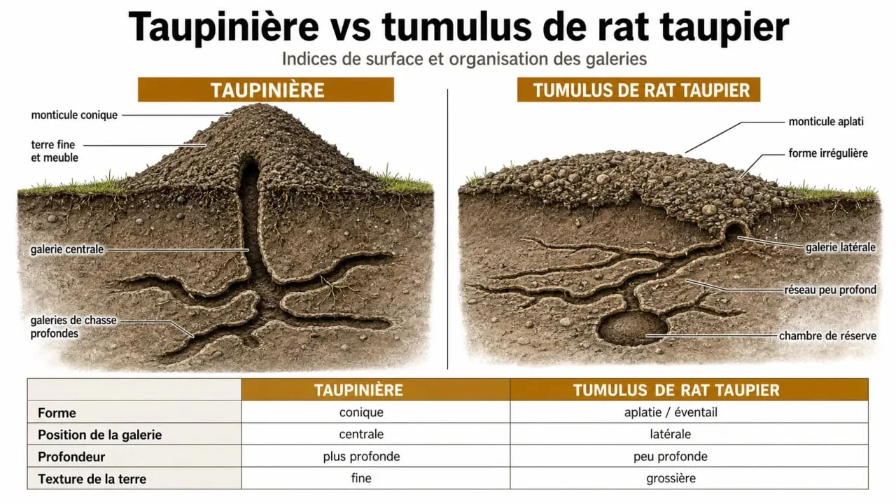 Comparaison visuelle entre une taupinière et un tumulus de rat taupier pour faciliter l'identification dans le jardin