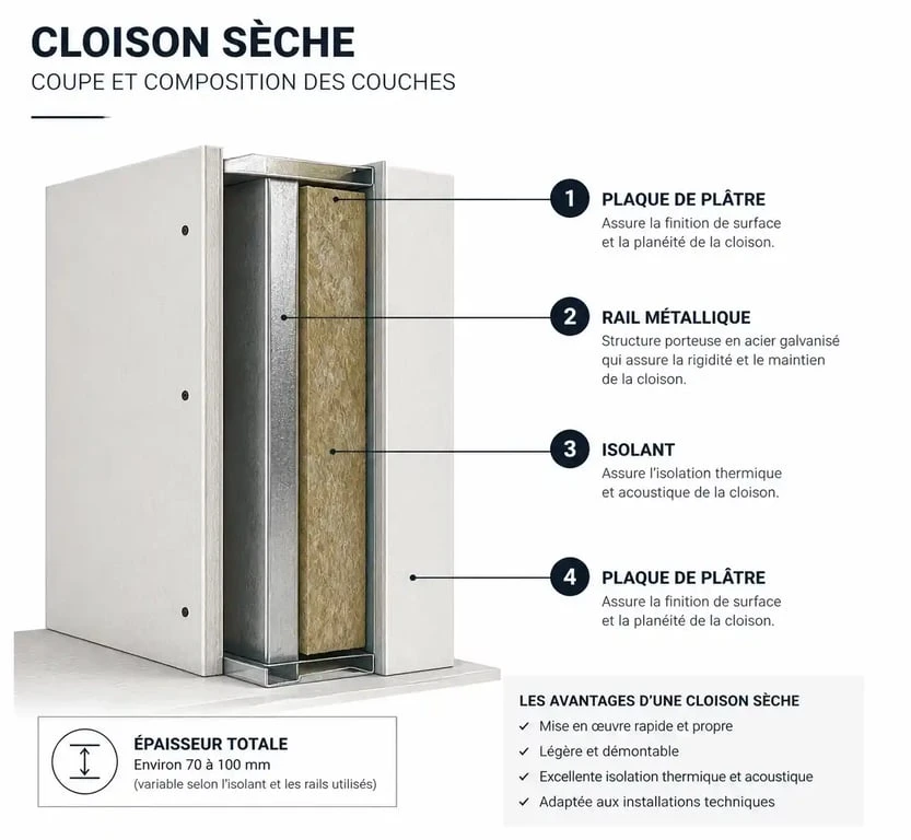 Schéma de composition d'une cloison en placo avec rail et isolant