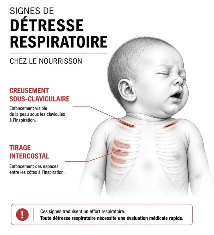 Infographie des signes d'alerte respiratoire chez le bébé qui grogne et racle la gorge