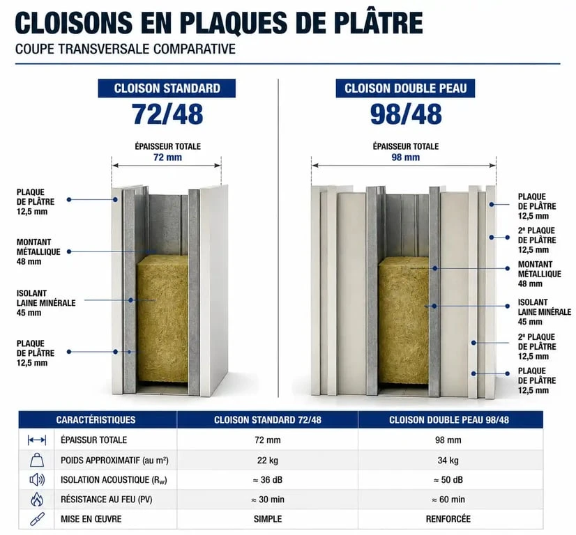Schéma comparatif de l'épaisseur d'une cloison en Placo standard et double peau pour vos travaux d'aménagement.