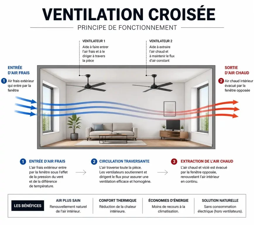 Schéma explicatif de la ventilation croisée pour rafraîchir une pièce avec un ventilateur