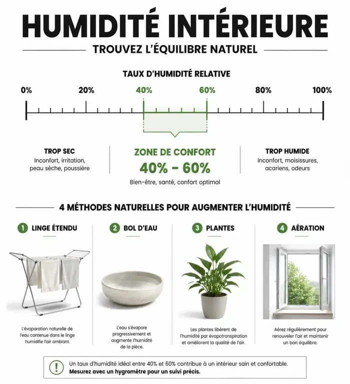 Infographie sur les méthodes pour humidifier une chambre et maintenir un taux d'humidité idéal entre 40 et 60%.