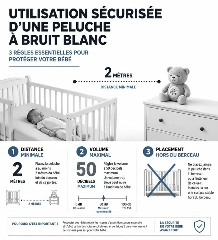 Infographie des règles de sécurité pédiatrique pour l'utilisation d'une peluche à bruit blanc pour bébé