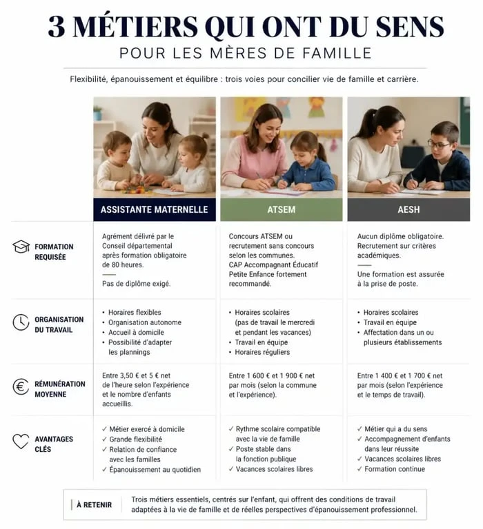 Infographie comparative des métiers idéaux pour mère de famille : assistante maternelle, ATSEM et AESH