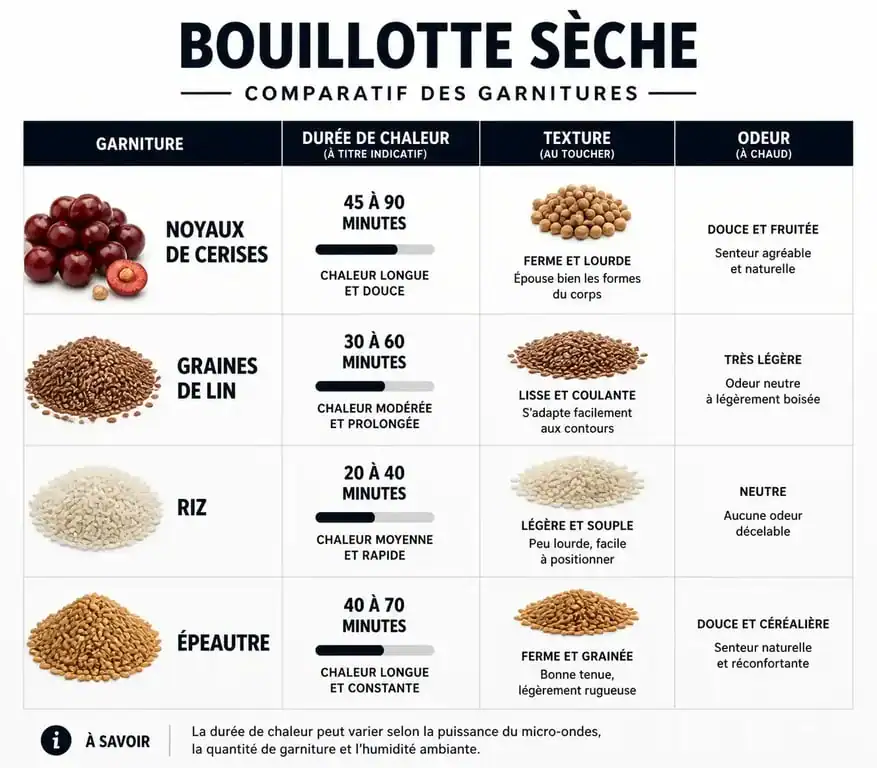 Tableau comparatif des garnitures pour bouillotte maison : noyaux de cerises, graines de lin, riz et épeautre.