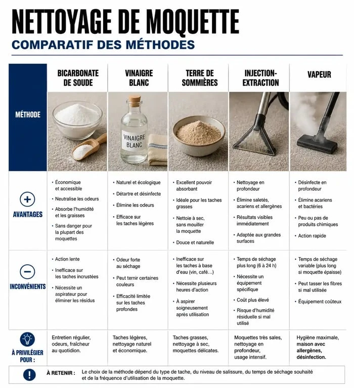 Infographie comparative des méthodes pour nettoyer une moquette efficacement