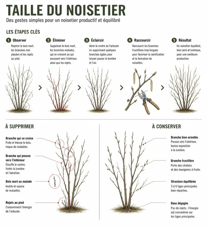 Schéma illustrant quand et comment tailler un noisetier pour une récolte optimale