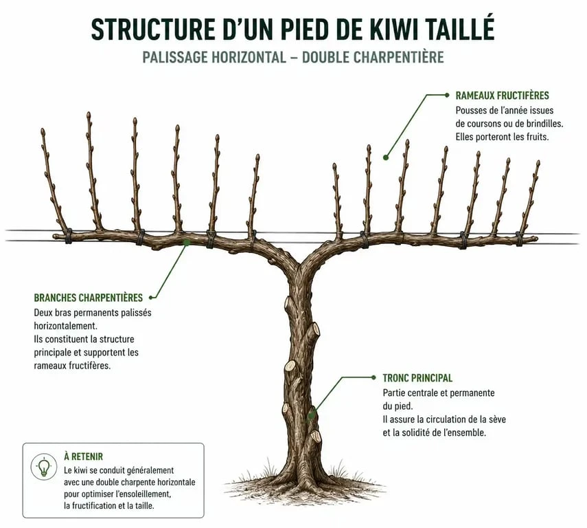 Schéma explicatif de la taille d'un pied de kiwi pour une production optimale