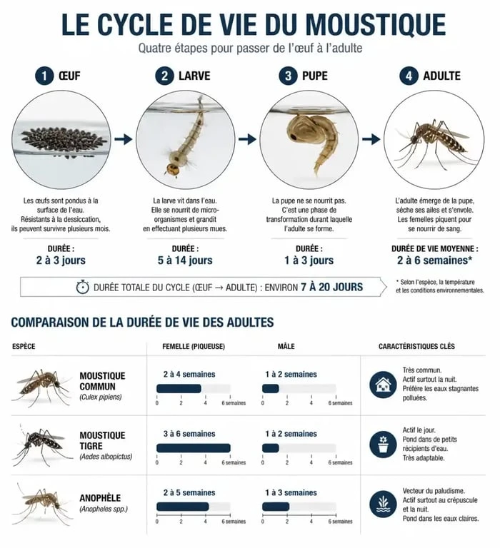 Infographie du cycle de vie et de la durée de vie des différentes espèces de moustiques