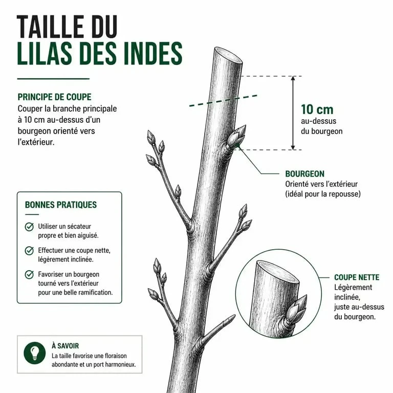 Schéma explicatif de la taille du lilas des Indes pour une floraison optimale
