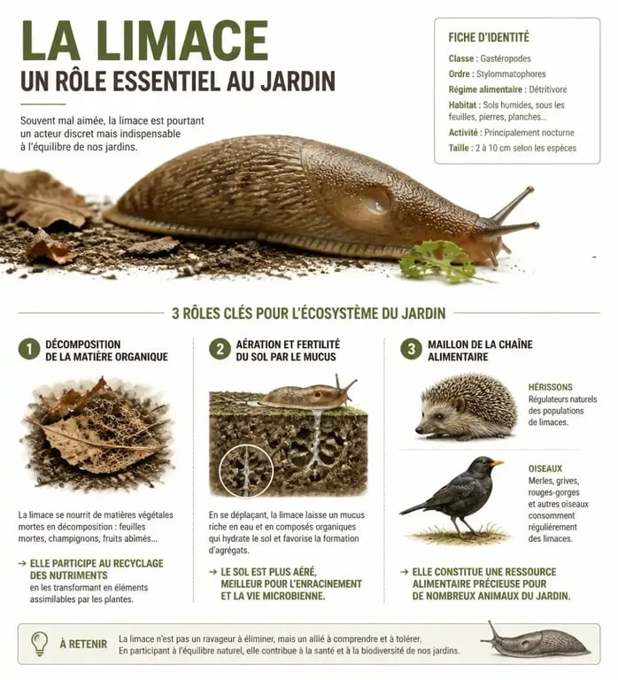 Infographie sur le rôle écologique et les bienfaits des limaces dans le jardin