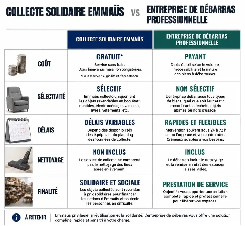 Tableau comparatif entre le service de débarras Emmaüs et une entreprise professionnelle pour vider une maison