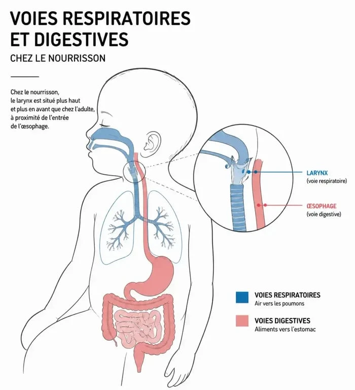 Schéma anatomique des voies respiratoires d'un bébé pour comprendre les bruits de gorge