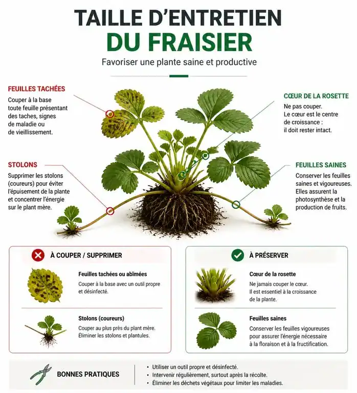 Schéma explicatif pour couper les feuilles des fraisiers avant l'hiver