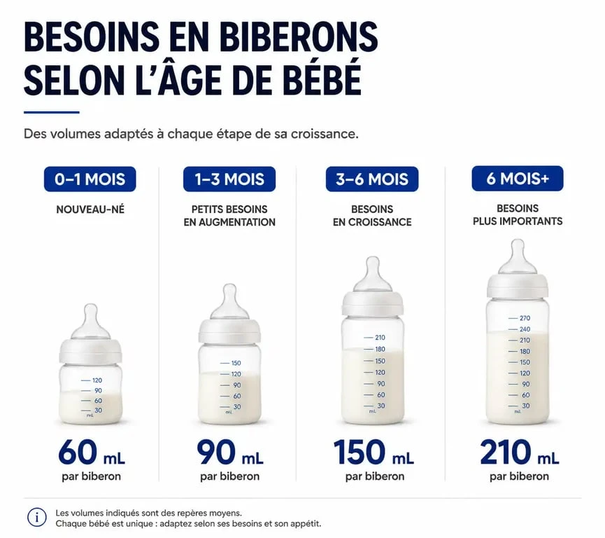 Tableau récapitulatif des tailles de biberons et volumes recommandés selon l'âge de bébé, de la naissance à 6 mois et plus.