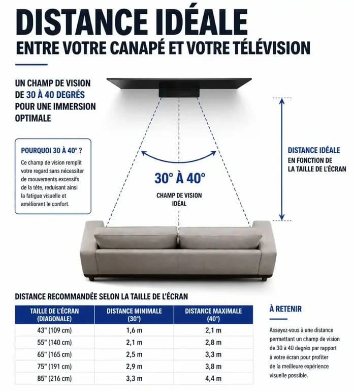 Schéma illustrant la distance idéale entre la télévision et le canapé pour un confort visuel optimal
