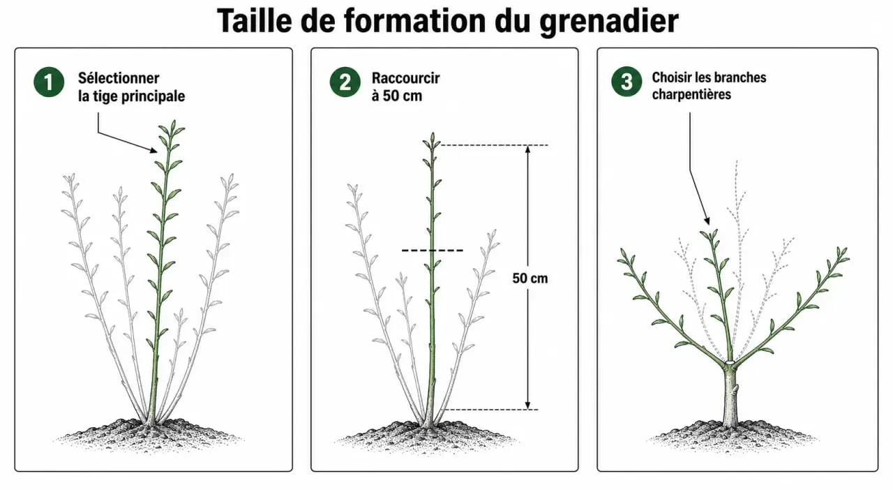 Schéma explicatif de la taille de formation du grenadier pour une meilleure fructification