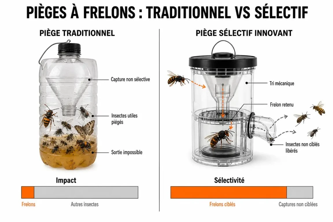 Comparatif entre piège à frelons asiatiques traditionnel et piège sélectif révolutionnaire pour la biodiversité