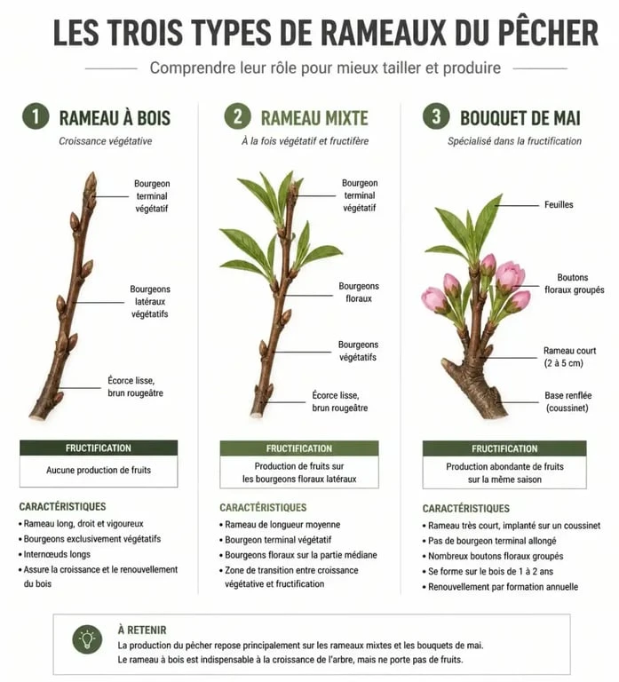 Schéma explicatif des différents types de rameaux pour la taille du pêcher