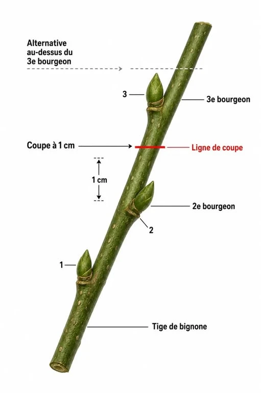 Schéma technique illustrant la taille de la bignone au-dessus du deuxième ou troisième bourgeon pour favoriser la floraison.
