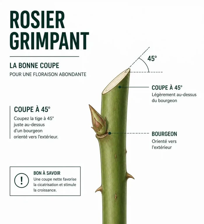Technique de taille d'un rosier grimpant : coupe au-dessus d'un bourgeon