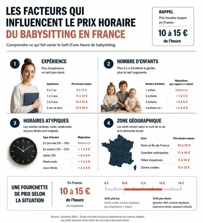 Infographie sur les facteurs influençant le prix horaire du babysitting en France