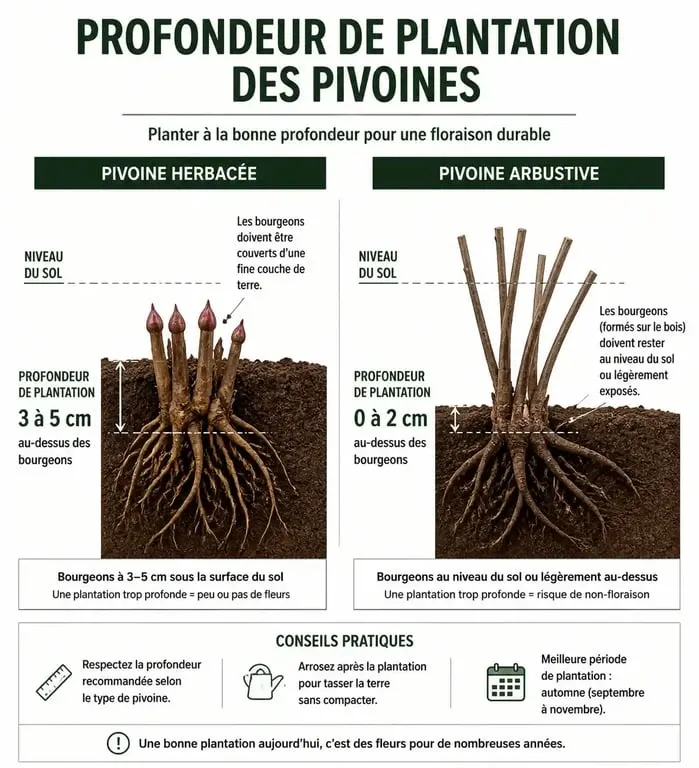 Schéma de plantation des pivoines : profondeur idéale pour les variétés herbacées et arbustives