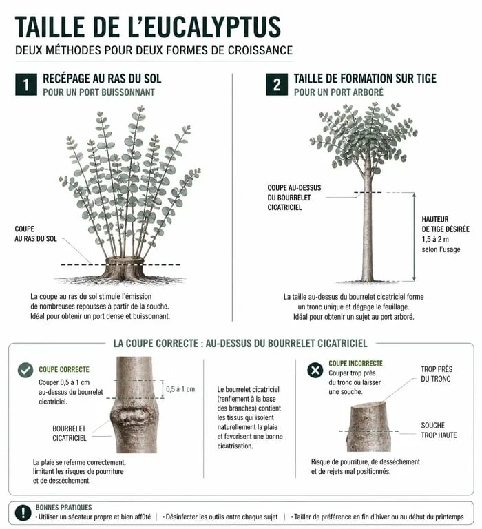 Infographie illustrant les techniques de taille de l'eucalyptus : recépage et taille de formation