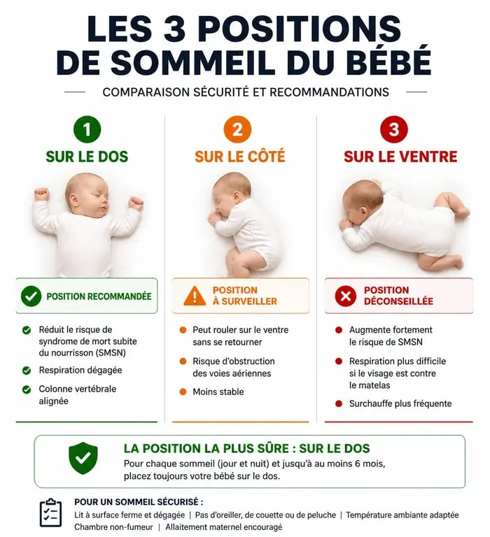 Infographie comparative des positions de sommeil de bébé pour la sécurité