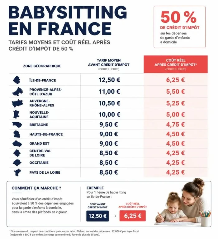 Infographie des tarifs moyens du babysitting en France et aides disponibles pour savoir combien payer sa babysitter