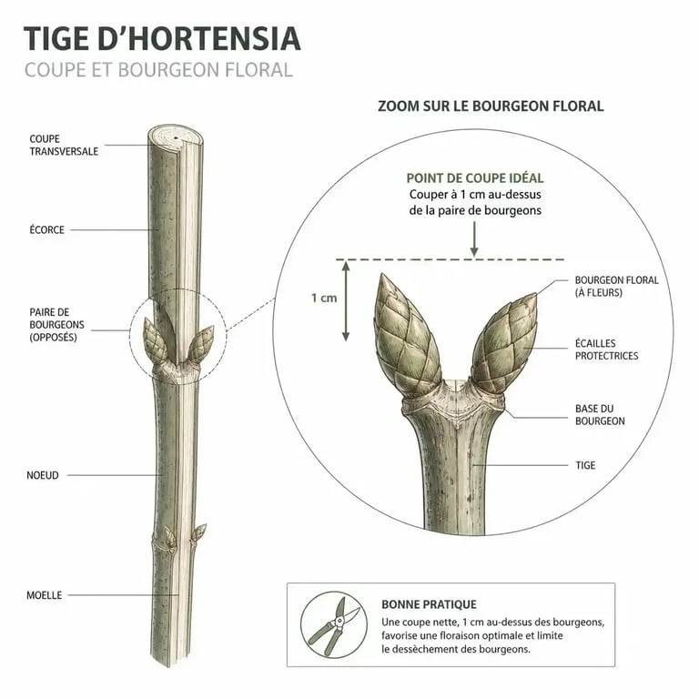 Schéma technique illustrant la méthode de taille des hortensias : où couper au-dessus du bourgeon.