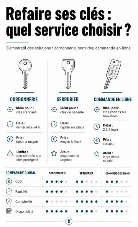 Infographie comparative des solutions pour refaire ses clés : prix et délais selon le type de clé