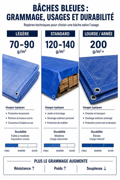 Infographie comparative des grammages et usages des bâches bleues pour le bricolage et le jardinage