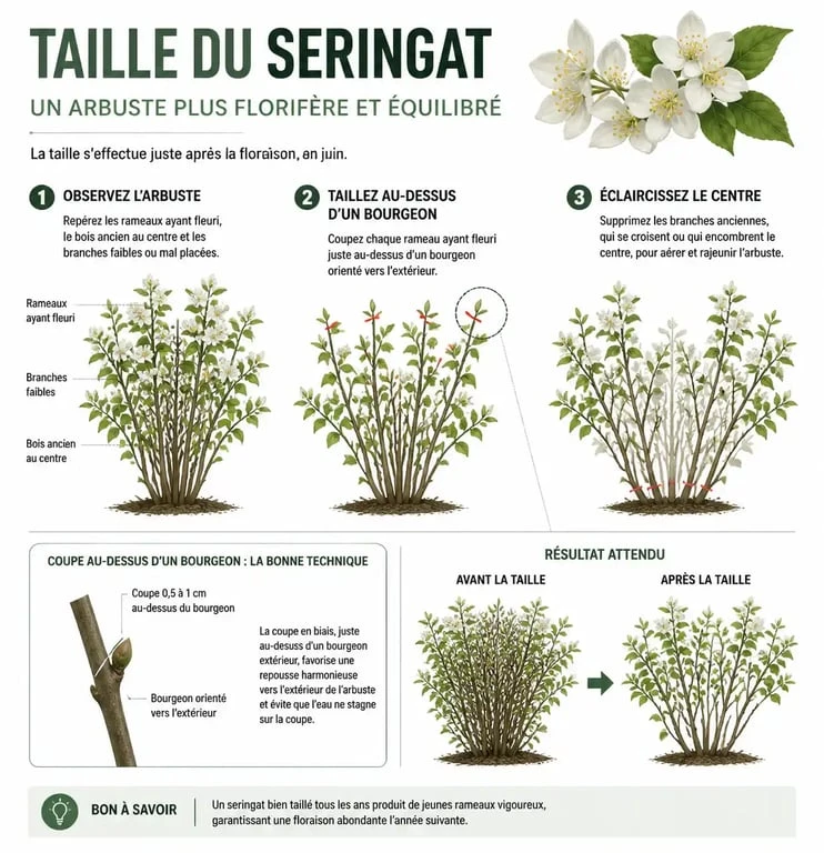 Schéma illustrant les étapes pour bien tailler le seringat au jardin