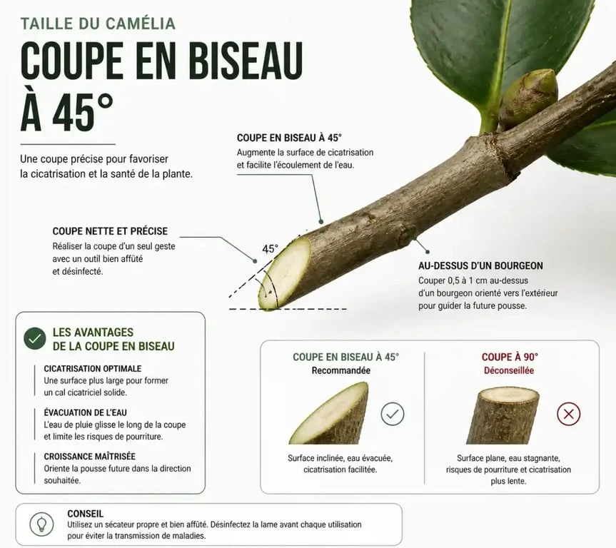 Schéma technique illustrant la coupe en biseau pour la taille du camélia
