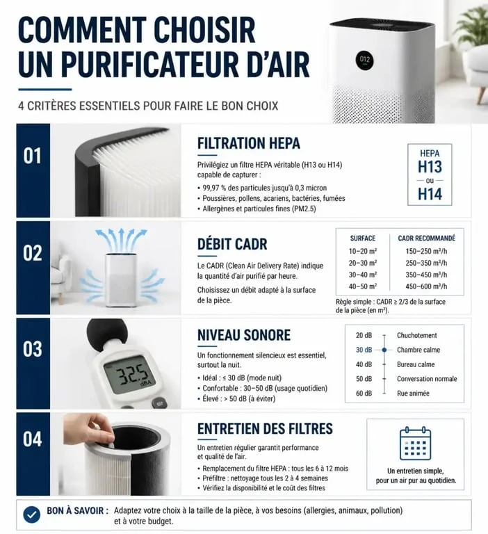 Infographie des critères de choix pour le meilleur purificateur d'air