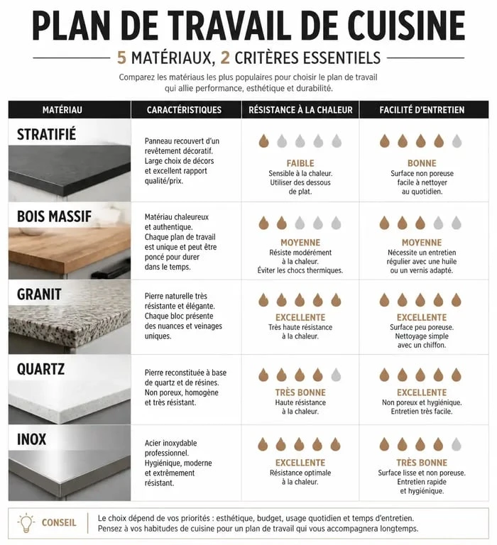 Comparatif des matériaux pour plan de travail 80 cm de profondeur : stratifié, bois, granit, quartz et inox.